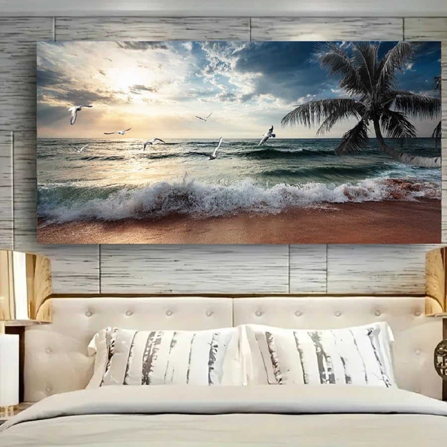 Yxbhhym Large Canvas Wall Art Beach Ocean Prints Art Coast Sunset Sea Paintings Poster Scenery Picture Palm Artwork for Wall Art Living Room Bedroom Office Decorations Framed-30x60inches - color: Beach Wall Art, size: 60"L x 30"W