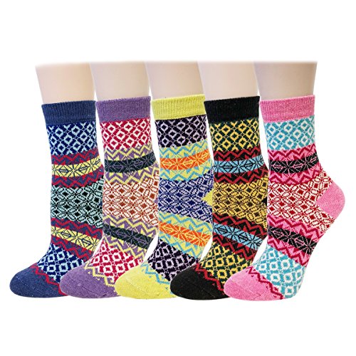 Bowbear Women’s 5-Pair Vintage Pattern Wool Socks - color: Colorful Weave, size: 9-11