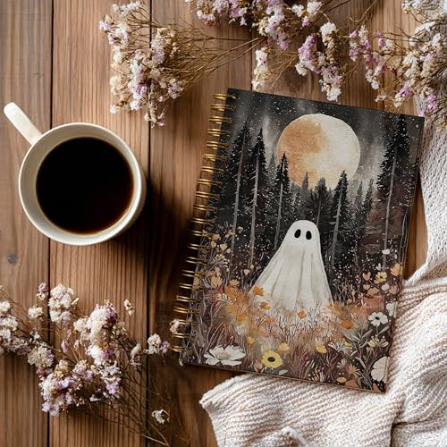 Notebook Journal for Women - A5 Spiral Notebook with Ghost in forest Design, Vintage Dark Romantic Ghost Wildflowers, Gothic Office & School Supplies, Unique Gifts for Women Birthday, Christmas (Wildflowers&Ghost) - color: Wildflowers&Ghost