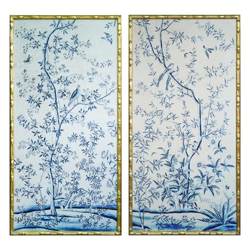 HongFengtang Chinoiserie Bamboo Wall Art Print, Hand Painted Style Vintage Chinese Flower & Bird Painting, HD Printed on Art Rice Paper, Antique Oriental Wall Decor for Home Living Room, 54.3 X 28 Inches (BRIGHTGOLD LA) - color: BRIGHT LA, size: 54.3"L x