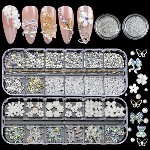 White Flower Nail Charms Rhinestones for Women Nail Design - color: Colorful-04