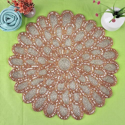 Beaded Placematss - 13” Round Charger Plates Handmade Glass Bead & Polyester Table Mats for Dining & Coffee Tables - Elegant Holiday & Home Décor (Ivory Gold) - ALPHA Living HOME - color: Gold Silver Light, size: Set of 1