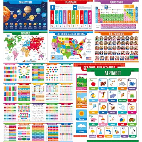 28 Educational Posters for Kids, All-in-One Set Learning Posters-Periodic Table, Mathematics, USA & World Map, Human Body, PET Film Coated Educational Posters For Classroom Decor, School Supplies - color: 28 Educational Posters -B