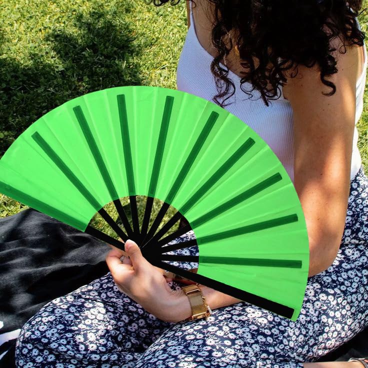 13inch Large Rave Clacking Popping Fan for Line Dancing,Hand Fans for Women Foldable,Boots on The Ground Fan,Portable for Outdoor,Wedding,Party,Decoration(Green,2 Packs) - color: Green