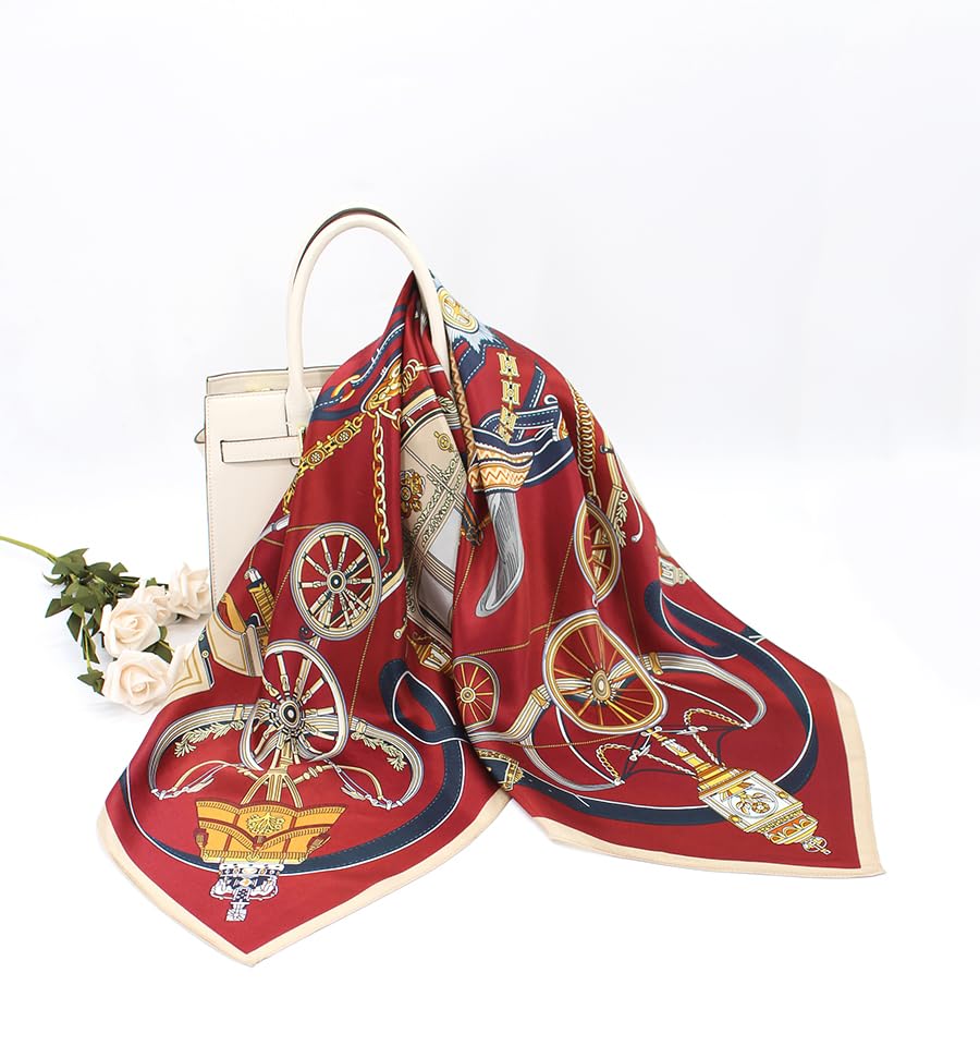 ANDANTINO 100% Mulberry Silk Scarf -Women 35" Square Hair Wraps-Gift Packed - color: Dark Red