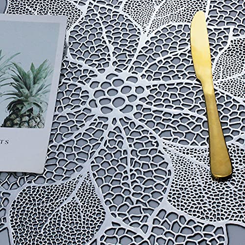 Silver Round Placemats for Dining Table Set of 6 Vinyl Metallic Table Mats - color: A5/Hibiscus/Silver