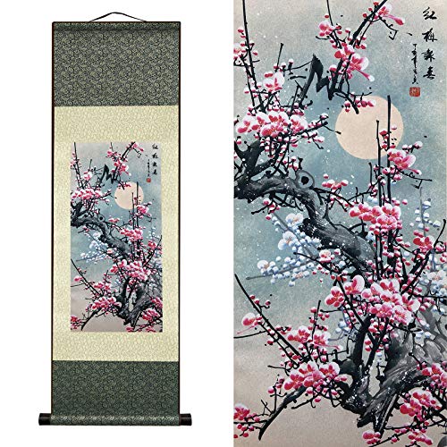 AtfArt Silk Scroll Painting, Asian Wall Art, Red Plum, 36.2x12in - color: C1