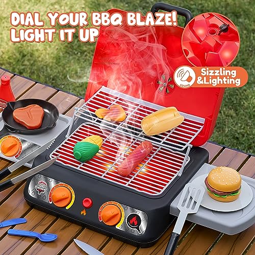 Kids BBQ Grill Playset, Kitchen Toy Set with Pretend Smoke, Light, Sound & Color-Changing Food, Play Kitchen Accessories, Indoor Outdoor Cooking Toy for Boys Girls Kids Birthday Gift