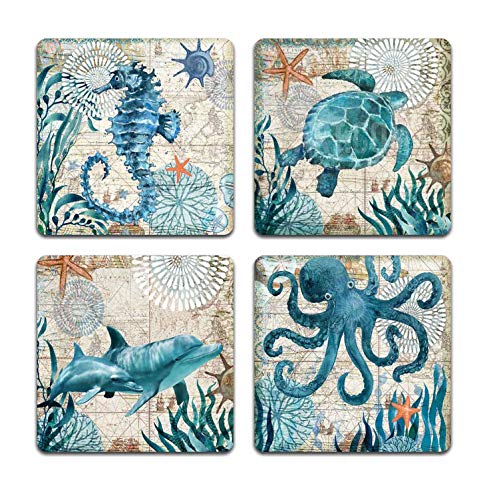 Marine Life Square Coaster Set - Made of Recycled Rubber - Set of 4 - color: Marine Life