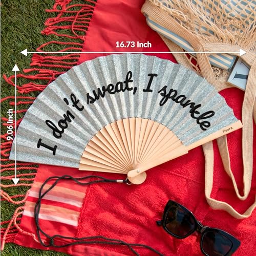 Fisura – Original folding fan with “I Don’t Sweat” message. Modern and colorful wooden folding fan. Silver glitter folding fan. Includes strap. Fun gift idea. 16.7 x 9 in. - color: Sparkle, Silver