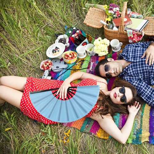 2 Pack Large Folding Hand Fan for Men/Women, Rave Fan Vintage Retro Fabric Fans, Chinese Kung Fu Tai Chi Hand Fan for Festival, Dance, Gift, Performance, Decorations (Lake Blue) - color: Lake Blue