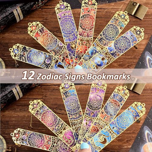 12 PCS Zodiac Theme Metal Bookmark for Women, Gold Hollow Astrology Bookmarks Set Funny Book Mark for Girls, Teenage, Student, Readers, Men, Horoscope Themed Gifts for Book Lovers, Birthday Present - style: 12Pcs Zodiac