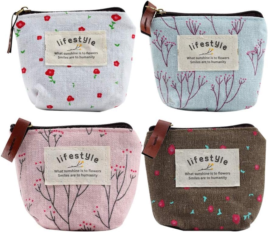 4Pcs Colour Coin Purse, Mini Canvas Change Purse Coin Pouch with Flower Pattern, Portable Purse Holder Girls with Zipper for Cash, Keys Coin, Credit Card, ID Card Wallets and Money Accessories