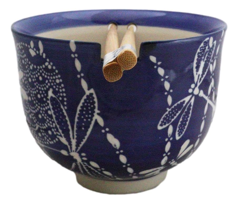 Ebros Gift Artistic Donburi Ramen Udon Noodles Soup Salad 5" D 18Oz Bowl With Bamboo Chopsticks And Built In Rest Set Asian Dining Kitchen Accent (Blue Tombo Dragonfly) - color: Blue Tombo Dragonfly