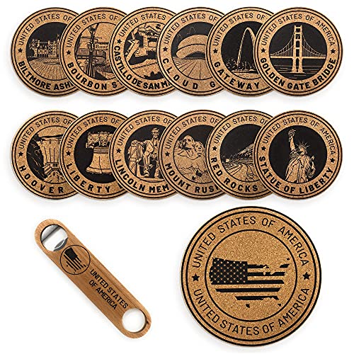 Cork Coasters for Drinks, Absorbent, 14 Piece Set, USA Landmarks