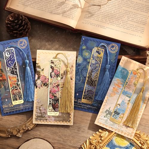 4 Pieces Bookmarks with Tassel, Golden Hollow Metal Bookmark Monet Oil Painting Theme Book Mark for Women Book Lovers Writers Readers Children Teenage Girls, (Starry Sky Style) - style: 4Pcs Starry sky