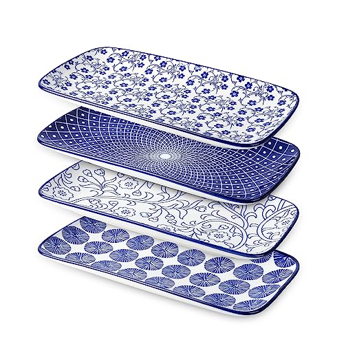 Selamica Ceramic Rectangular Serving Platters Set of 4, 12 Inch Serving Trays/Dishes for Party Entertaining, Rectangular Dinner Plates for Appetizer Salad Dessert Sushi, Vintage Blue - color: Vintage Blue, size: 12 Inch, Set of 4