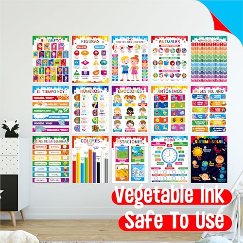15 Packs Spanish & English Educational Posters, Thick Elementary Bilingual Poster Waterproof & Tearproof with PET Film, Early Language Learning Tool Educational Posters for Kindergarten Preschool - size: Spanish & English Educational Posters(14.5”x11”)