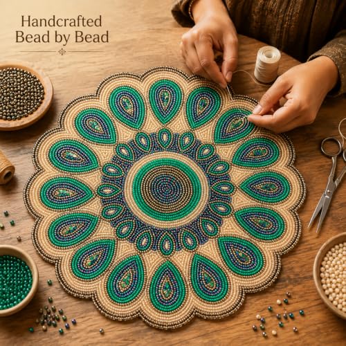 ALPHA Living HOME 13 Inch Round Beaded Placemat, Green Gold Table Decor Mat - color: Golden & Green, size: Set of 1