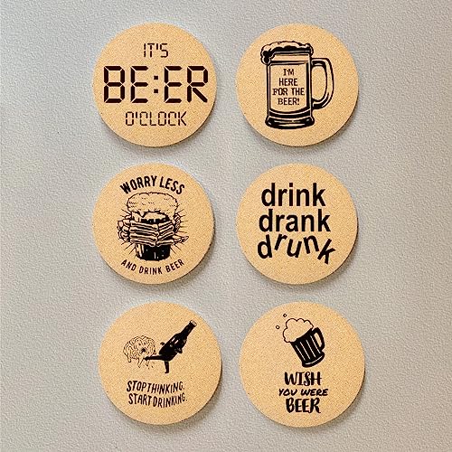 Coasters for Drinks with Holder Set of 6, Absorbent Cork Wood Coaster for Cup Desk Office Table Kitchen Decor House Warming Gifts for New Home Couples, Round 4" - color: Beer