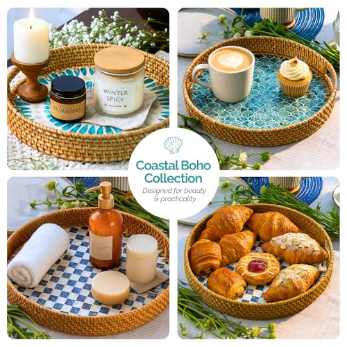 JUNGLE CULTURE Round Rattan Tray with Mother of Pearl Inlay • Drift 12” - color: Drift, size: 11.8"