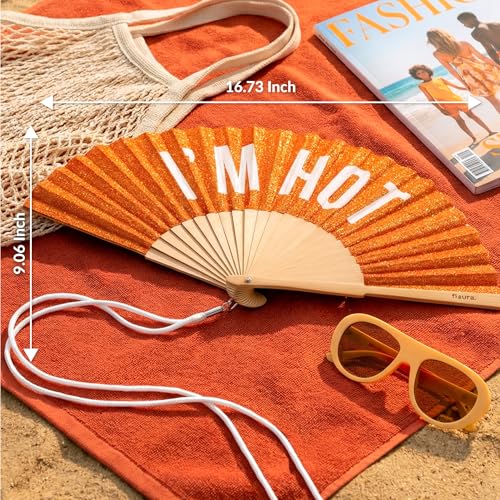 Fisura – Original folding fan with “I’m H*t” message. Colorful wooden folding fan in orange glitter with strap included. Fun gift idea for travel beach days or summer events. 16.7 x 9 in. - color: I'm H*t, Orange