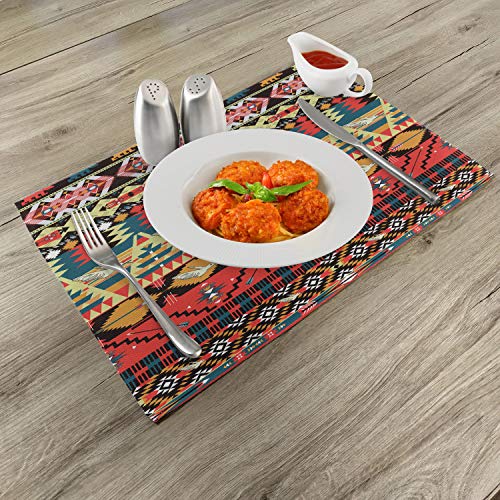 Ambesonne Ethnic Place Mats Set of 4, Classic Traditional Pattern Image Bird Flower Arrow Natural Ethnic, Washable Fabric Placemats for Dining Table, Standard Size, Teal Red
