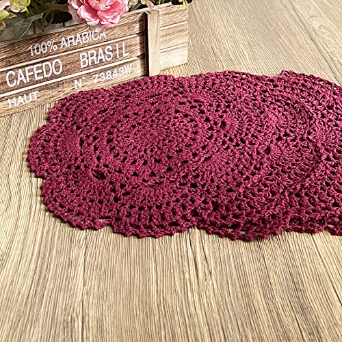 Phantomon 8 Inch Doilies Crochet Round Lace Doily Handmade Placemats 100% Cotton Crocheted Coasters, Pack of 4 (Burgundy) - color: Burgundy