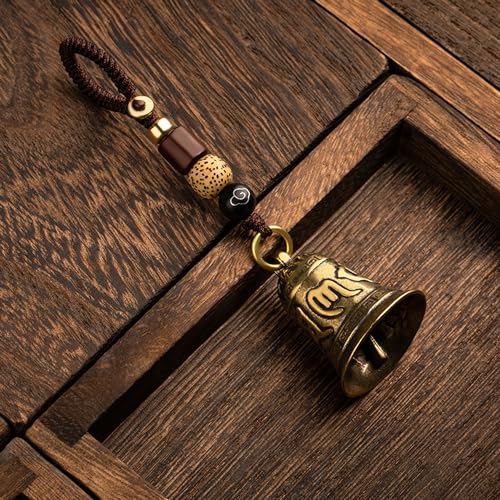 Brass Decorative Bells Keychain with Om Mani Padme Hum Mantra, Hanging Lucky Bell for Car Keys or Backpack as Good Luck Charms - style: Om Mani Padme Hum