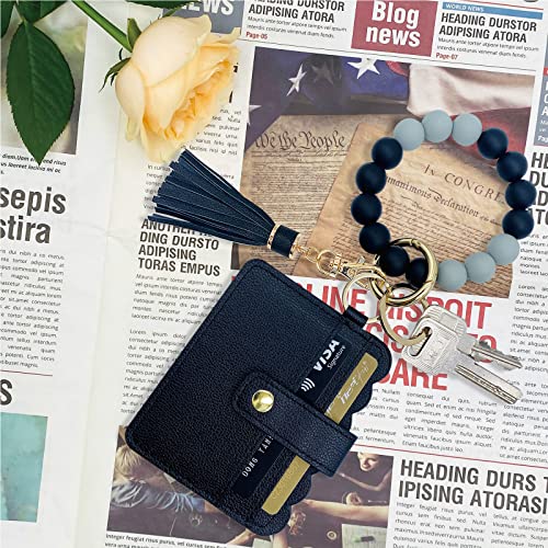 Keychain Wallet Wristlet Small Credit Card Holder Bracelet Key Chain Purse Bangle Tassel Beads Key Rings for Women - color: 01-black