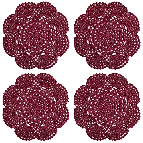Phantomon 8 Inch Doilies Crochet Round Lace Doily Handmade Placemats 100% Cotton Crocheted Coasters, Pack of 4 (Burgundy) - color: Burgundy
