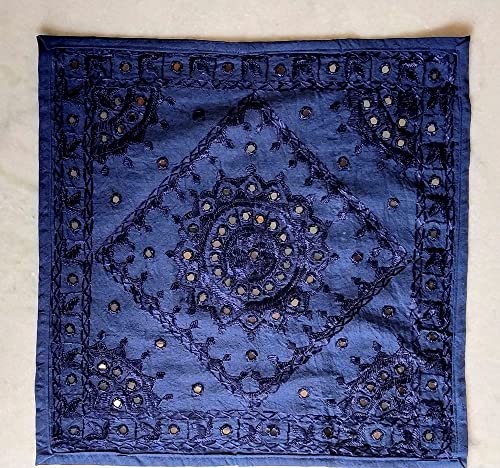 Indian Ethnic Cotton Blue Mirror Embroidered Cushion Cover Throw Pillow Cases Decorative Pillows Cover Boho 16x16 Inches - color: Blue