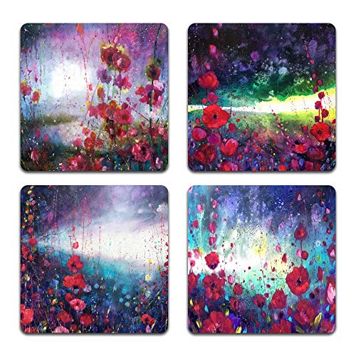 Watercolor Red Flowers Square Coaster Set-Made of Recycled Rubber-Set of 4 - color: Watercolor Red Flowers