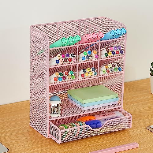 Spacrea Pen Holder Desk Organizer - Desk Organizers and Accessories, Pencil Holder with 10 Compartments and 1 Drawer（Pink）