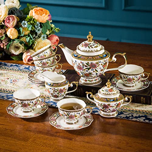 ACMLIFE Tea Set for Adults, Bone China Tea Set with Cups, Tea Cup Set Vintage Floral Porcelain Tea Set for 6, Vintage Floral Tea Cup Set With Teapot, Tea Party Sets for Women Gift，Gift Box (Pink) - color: Pink