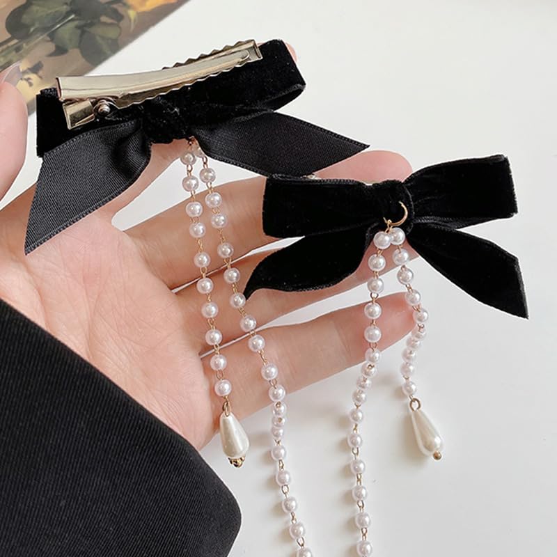 Velvet Bow Hair Clips Pearl Tassel Chain Hair Bow Barrettes Black Bows Claw Clip Hairpins Sweet Bowknot Snap Hair Clip Small Cute Alligator Hair Clips Hair Accessories Gift for Women Girls Toddlers - color: Black