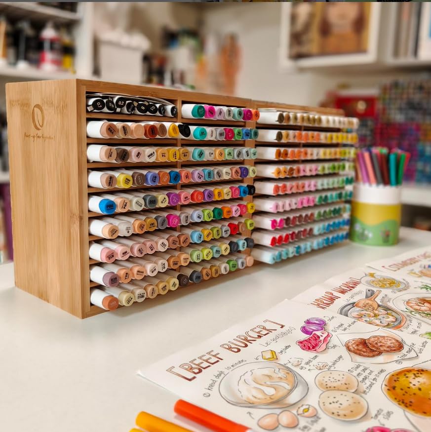 Ohuhu Bamboo Marker Organizer, Wooden Desktop Storage Holds 126 Markers - style: Right Angle Hold 126 Markers