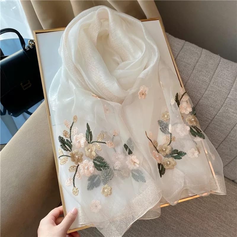 Jeelow Long Silk Blend Embroidered Floral Shawl Scarf Wrap for Women - color: Ivory Whisper