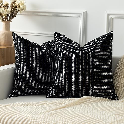 Kevin Textile Ink Black and Beige Patchwork Farmhouse Throw Pillow Covers 18 x 18 Inch, Pack of 2 Striped Linen Decorative Pillow Case for Sofa Couch Chair Bedroom Modern Decor - color: Black, size: 18" x 18" (Pack of 2)