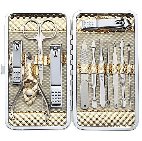 Manicure Set Professional Nail Clippers Kit Pedicure Care Tools- Stainless Steel Women Grooming Kit 12Pcs for Travel or Home (Gold) - color: Gold