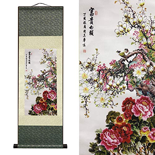 AtfArt Silk Scroll Painting, Asian Wall Art, Flowers, 36.2x12in - color: D01