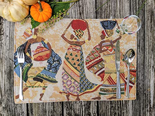 DaDa Bedding Dancing Women Tapestry Dining Table Placemats - Set of 4-Pieces Festive Celebrate Kwanzaa - Tribal African Tribal Culture - Decorative Cotton Linen Woven Kitchen Mats - 13” x 19” (18117) - color: Dancing Women