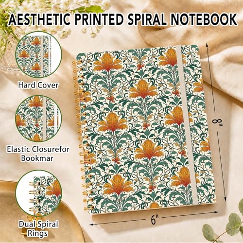 Vintage Floral Lined Spiral Notebook, Pretty Hardcover Journal 6'' x 8.4'', Orange Green Notebook for Women, Work, Writing Gift - color: floral-05