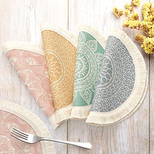 Set of 4 Round Placemats 13 Inch Cotton Woven Mandala Tassels Table Mats - color: Colorful-4pcs