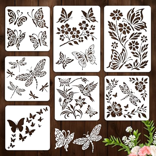 7Pcs Butterfly Hummingbird Stencil PET Painting Templates Inlay Border Stencils for Furniture Dragonfly Reusable DIY Craft for Wall Wood Fabric Canvas Paper Home Decor, 7.87inch, 11.7inch - color: insect