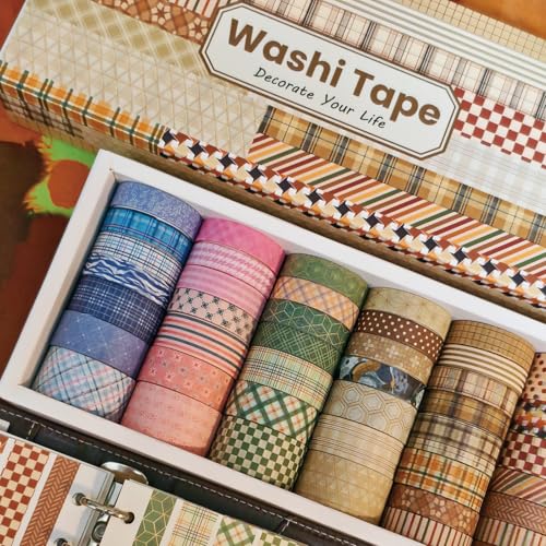 Washi Tape Set 42 Rolls Vintage Plaid Colored Decorative Scrapbook Tape - color: Brown stripes