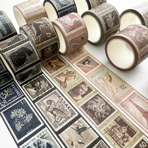 Stamps Washi Tape Set 4 Rolls Retro Post Decorative Vintage Patterns Masking Tapes for Arts, DIY Crafts, Journals, Planners, Scrapbook, Wrapping