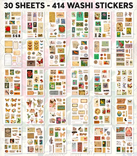 FAYWARE Vintage Washi Stickers for Journaling - Ephemera Book for Journaling with 414 Stickers & 20 Scrapbook Papers. Junk Journal Supplies, Scrapbooking Supplies - color: Lost Meadows