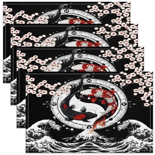 Feelyou Japanese Koi Fish Placemats Set Set of 4 18"x12" - color: Black Pink Red