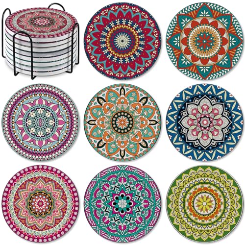 Patelai 8 Pcs Blue Ceramic Coasters Set with Holder, Mandala Style - style: Mandala Style